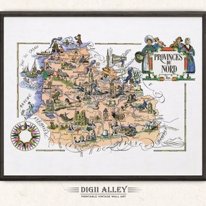 Fun Map of Provinces Du Nord a French Province, France – Digital Download PRINTABLE Vintage Pictorial Illustration Adventure Wall Art