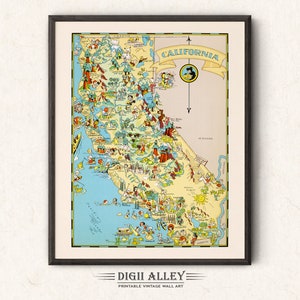 カリフォルニア州の楽しい州地図 デジタルダウンロード 印刷可能 ヴィンテージ 絵画風 古いイラスト 冒険 壁アート 装飾 漫画 ギフト