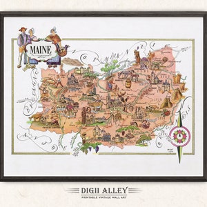 Carte amusante du Maine, une province française, France - cadeau de décoration d'art mural aventure imprimable en téléchargement numérique