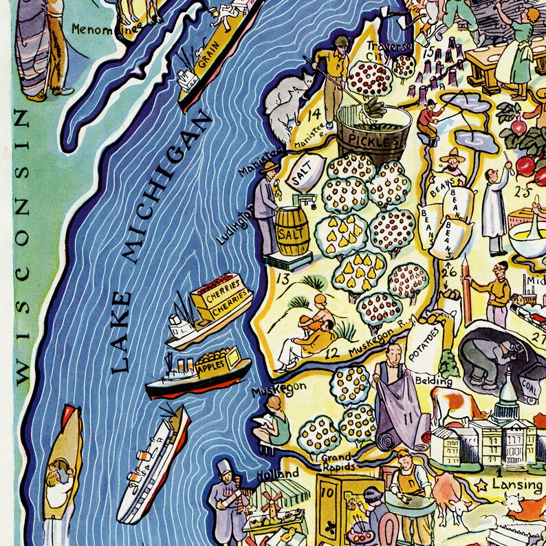 Fun State Map of Michigan – Digital Download PRINTABLE Vintage ...
