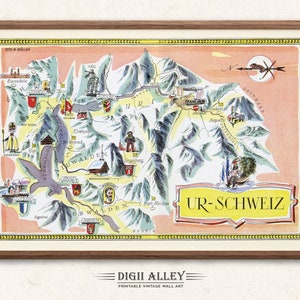 Fun Ski Loipe Karte der Urschweiz in der Schweiz - Digital Download DRUCKBARE Vintage bildliche Illustration Schweizer Alpen Ski Run