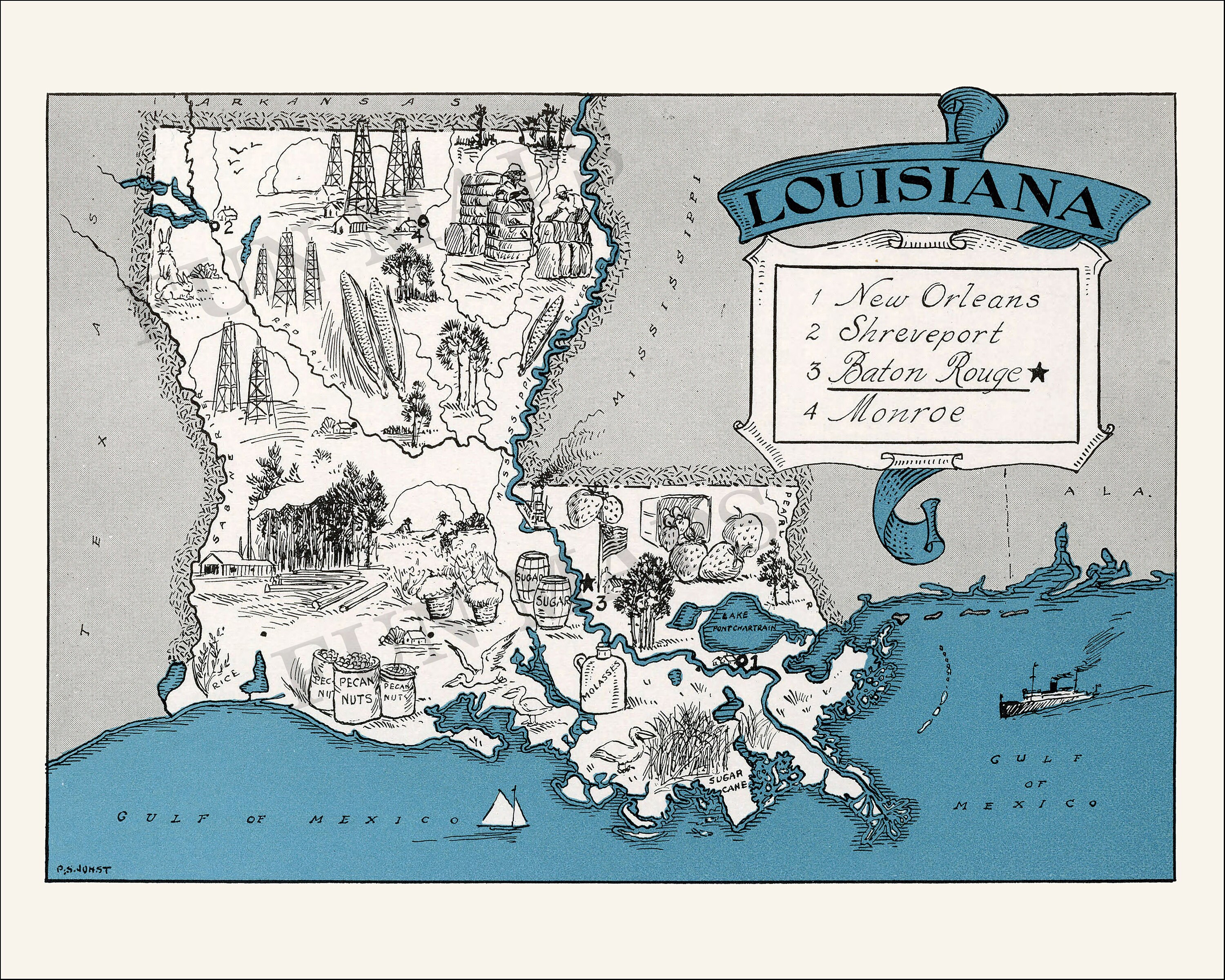 Pictorial Map of Louisiana – Digital Download PRINTABLE Vintage Fun Old ...