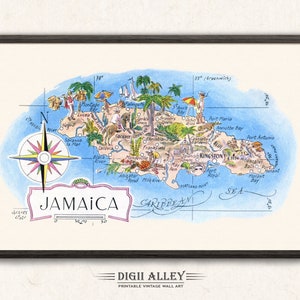 Leuke kaart van Jamaica in het Caribisch gebied – digitale download AFDRUKBARE vintage muurkunst decor grillige cartoon illustratie avontuur