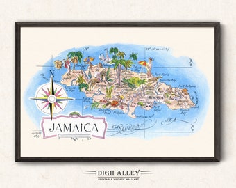 Fun Map of Jamaica in the Caribbean – Digital Download PRINTABLE Vintage Wall Art Décor Whimsical Cartoon Illustration 1940’s by Liozu