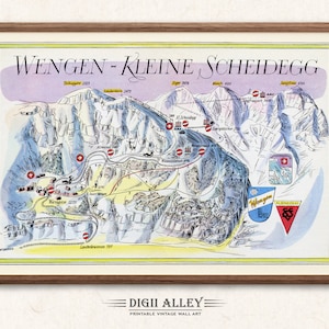 Fun Ski Loipe Karte von Wengen-Kleine Scheidegg in der Schweiz - Digital Download DRUCKBARE Vintage bildliche Illustration Schweizer Alpen