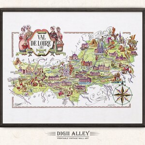 Lustige Karte von Val de Loire, eine französische Provinz, Frankreich - Digitaler Download DRUCKBARE Vintage bildhafte Illustration Abenteuer Wandkunst Geschenk