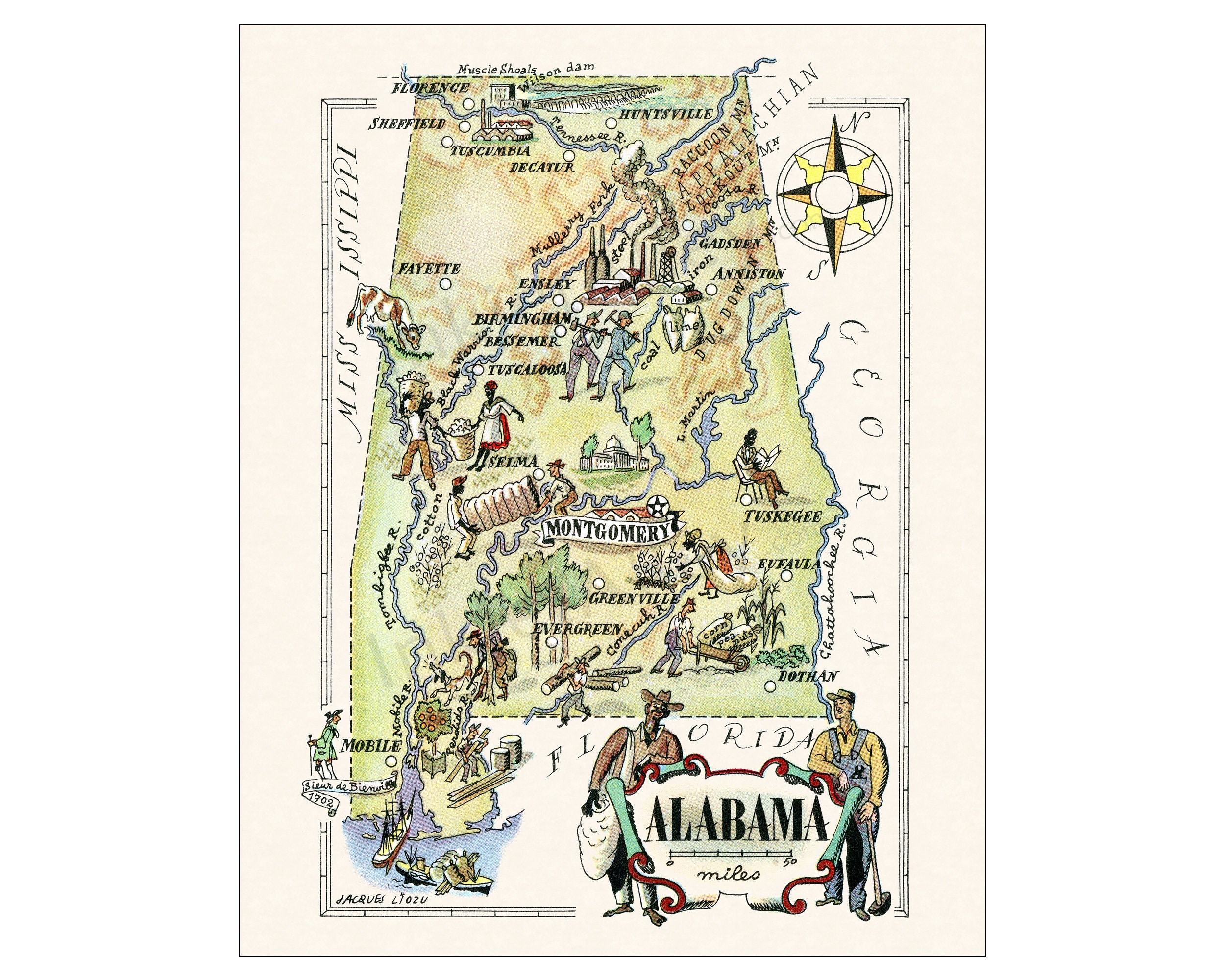 Fun State Map of Alabama – Digital Download PRINTABLE Vintage Pictorial ...