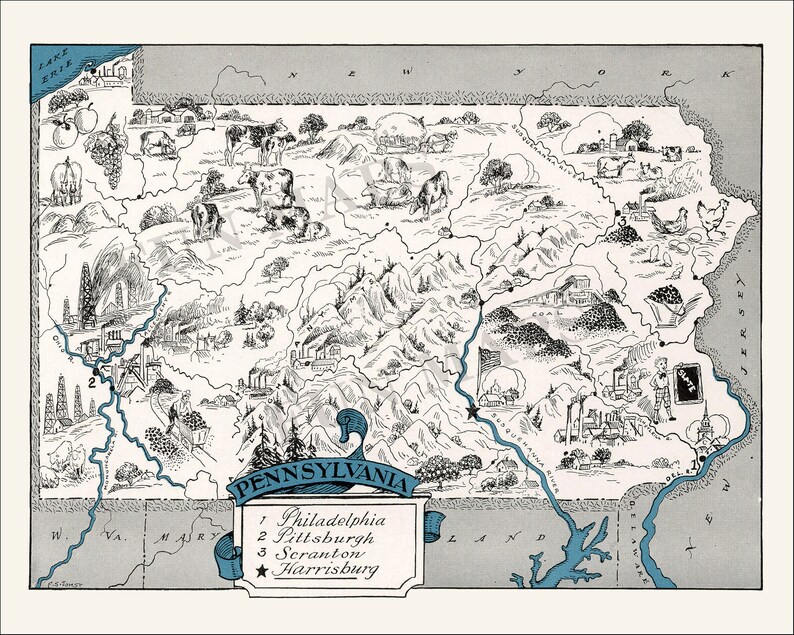 Pictorial Map of Pennsylvania – Digital Download PRINTABLE Vintage Fun ...