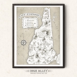 Pictorial State Map of New Hampshire – Digital Download PRINTABLE Vintage Fun Wall Art Décor Whimsical Cartoon Illustration