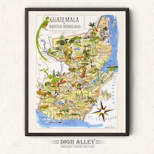 Carte amusante du Guatemala en Amérique centrale - Téléchargement numérique, Art mural vintage imprimable, décoration lunatique, vieille illustration, aventure