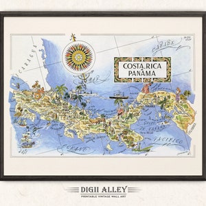Fun Map of Costa Rica & Panama Canal Zone – Digital Download PRINTABLE Vintage Wall Art Décor Whimsical Cartoon Illustration Adventure