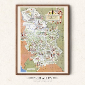 Alte Karte von Serbien - digitaler Download Druckbare Vintage Spaß bildhafte Illustration-Wand-Kunst-Dekor-Poster Reise Abenteuer Karte Europa