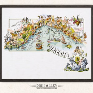 Mapa divertido de Italia Liguria – Descarga digital IMPRIMIBLE Ilustración antigua pictórica vintage Arte mural italiano Regalo Mapa de aventuras de viaje