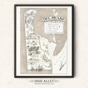 Mapa ilustrado del estado de Delaware: descarga digital imprimible, divertido arte de pared antiguo vintage, ilustración de dibujos animados caprichosos.