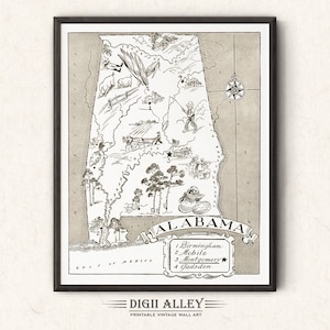 Pictorial State Map of Alabama – Digital Download PRINTABLE Vintage Fun Old Wall Art Décor Whimsical Cartoon Illustration