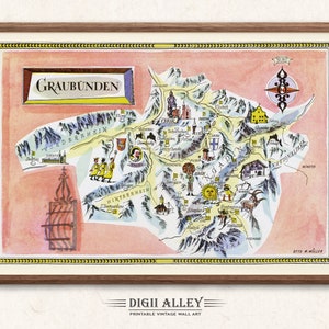 Fun Ski Loipe Karte von Graubünden in der Schweiz - Digital Download DRUCKBARE Vintage bildliche Illustration Schweizer Alpen Reisen
