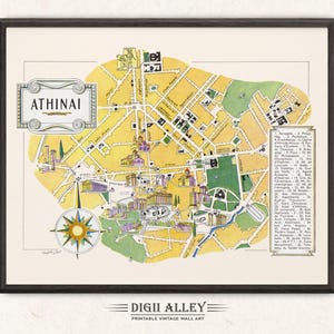 Carte amusante d'Athènes en Grèce - téléchargement numérique, vintage, imprimable, illustration picturale amusante, art mural, décoration, carte des aventures de voyage
