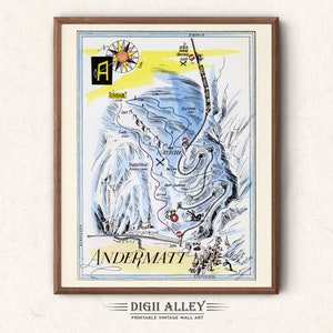 Fun Ski Loipe Karte von Andermatt in der Schweiz - Digital Download DRUCKBARE Vintage bildliche Illustration Schweizer Alpen Wandkunst