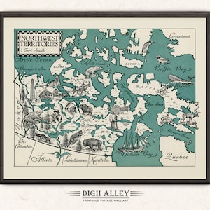 Map of North West Territories Canada – Digital Download PRINTABLE Fun Vintage Pictorial Wall Art Décor Whimsical Cartoon Illustration