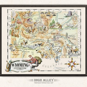 Carte amusante de l'État du Wyoming - Décoration murale vintage imprimable imprimable en téléchargement numérique Illustration de dessin animé lunatique