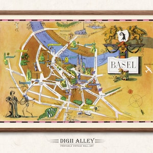 May include: Vintage map print of Basel, Switzerland, in a wooden frame. The map features a detailed illustration of the city's layout, including the Rhine River, landmarks, and street names. The map is in a warm color palette with decorative elements.