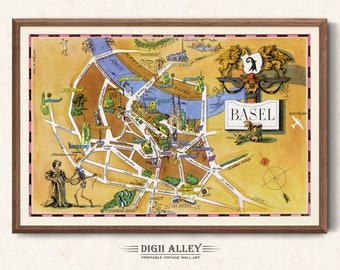 ヴィンテージバーゼル市地図 銅版画 スイスの都市 18世紀頃 アンティーク地図 Fun Street Map of Basel in Switzerland - Vintage Pictorial