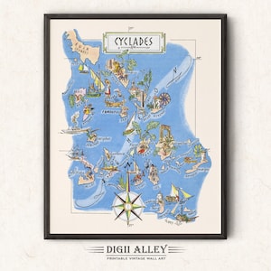 Lustige Karte der griechischen Kykladeninseln - digitaler Download DRUCKBARE Vintage bildliche Illustration Wand Kunst Dekor Reise Abenteuer Karte