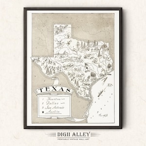 Carte picturale de l'État du Texas - Téléchargement numérique imprimable vintage amusant vieux mur art déco lunatique illustration de dessin animé