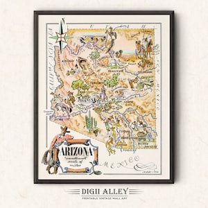 Carte amusante de l'état de l'Arizona - décoration murale picturale vintage imprimable imprimable en téléchargement numérique Illustration de dessin animé lunatique