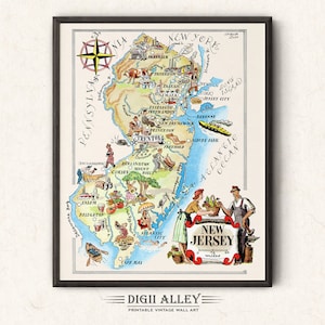 Fun State Map of New Jersey – Digital Download PRINTABLE Vintage Pictorial Wall Art Décor Whimsical Cartoon Illustration