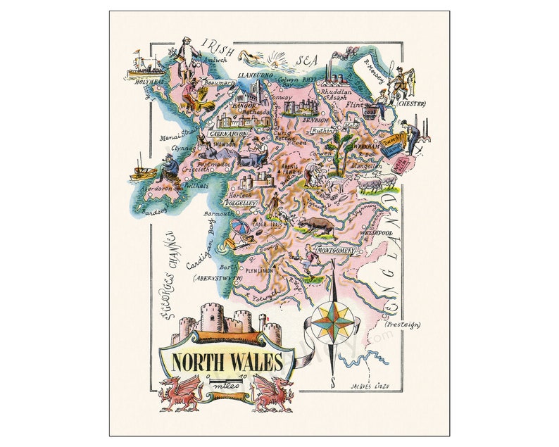 Fun Map of North Wales in Great Britain, England Digital Download ...