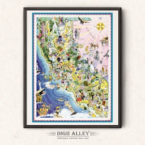 Carte de l'état de la Californie amusante - cadeau de décoration murale d'art mural aventure imprimable en téléchargement numérique