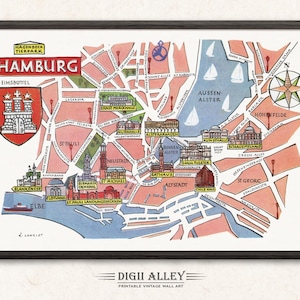 Lustige Karte von Hamburg in Germany, Deutschland, DE – Digital Download DRUCKBARE Vintage Wand Kunst Dekor Bunte Illustration Abenteuer