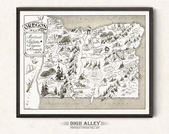 May include: A black and white illustrated map of Oregon in a vintage style. The map features various landmarks and cities, including Portland, Salem, Eugene, and Klamath Falls. The map is framed in a black frame with the text "DIGII ALLEY" and "PRINTABLE VINTAGE WALL ART" below the map.