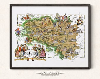 Carte amusante de la Bretagne, une province française, France - Illustration picturale vintage imprimable, téléchargement numérique des années 1940 par Liozu Wall Art déco