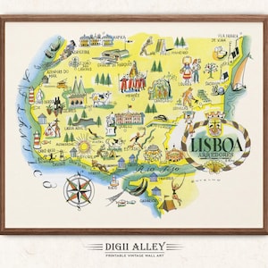 May include: A framed vintage map of Lisbon and its surroundings, featuring colorful illustrations of landmarks, towns, and geographical features. The map includes a compass rose and the text "LISBOA ARREDORES". The frame is a dark brown color.