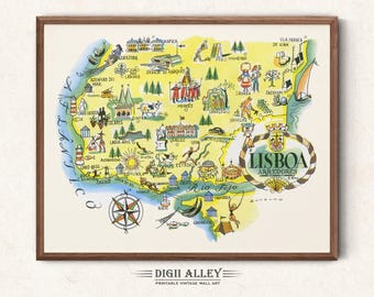 Fun Map of Lisbon in Portugal – Digital Download PRINTABLE Vintage Pictorial Old Illustration Spanish Wall Art Gift Travel Adventure Map