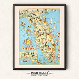 Könnte beinhalten: Eine Vintage-Karikaturkarte von Florida mit einer lächelnden Sonne und dem Wort "Florida" in einem Banner. Die Karte ist gefüllt mit Comicfiguren und Tieren, die verschiedene Aktivitäten ausführen, wie Angeln, Schwimmen und am Strand spielen.