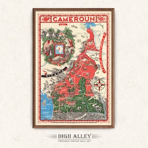 Lustige Karte von Kamerun in Zentralafrika - Digital Download DRUCKBARE Vintage alte bildliche Karte Afrikanische Wand Kunst Dekor Abenteuer Reise Karte
