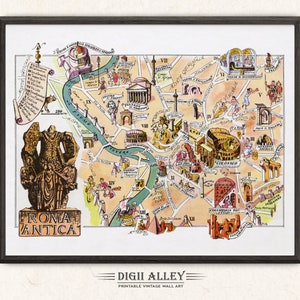 Mapa divertido da Itália Roma Antiga - Download digital IMPRIMÍVEL Ilustração pictórica antiga italiana Arte de parede Presente Mapa de viagem e aventura