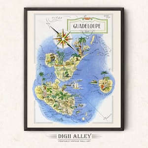 Zabawna mapa Gwadelupy na Karaibach – cyfrowe pobieranie do druku Vintage Wall Art Décor Fantazyjna ilustracja z kreskówek Przygoda