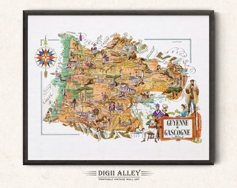 Fun Map of Guyenne & Gascogne French Province, France – Digital Download PRINTABLE Vintage Pictorial Illustration 1940’s by Liozu Wall Art
