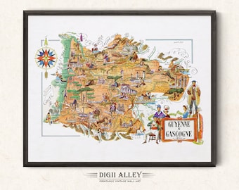 Fun Map of Guyenne & Gascogne French Province, France – Digital Download PRINTABLE Vintage Pictorial Illustration 1940’s by Liozu Wall Art