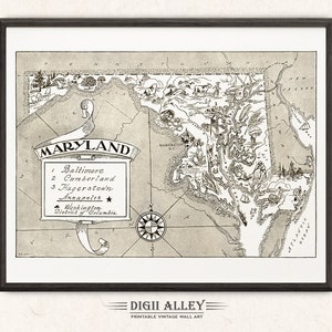 Mapa pictórico del estado de Maryland: descarga digital imprimible, divertido arte de pared antiguo vintage, ilustración de dibujos animados caprichosos.