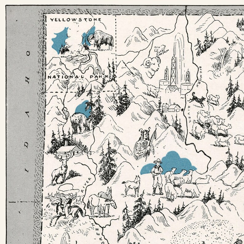Pictorial Map of Wyoming Digital Download PRINTABLE Vintage Fun Old ...