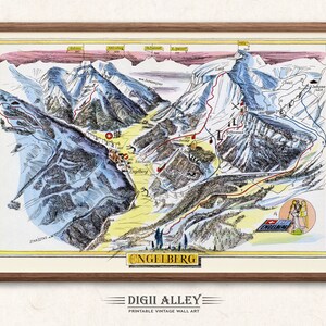 Fun Ski Loipe Karte von Engelberg in der Schweiz - Digital Download DRUCKBARE Vintage bildliche Illustration Schweizer Alpen Ski Run