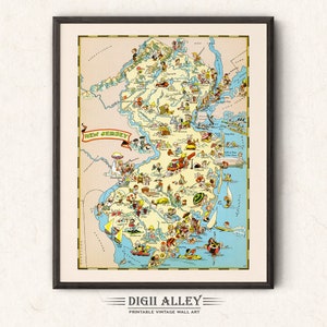 Fun State Map von New Jersey - digitaler Download DRUCKBARE Vintage bildliche alte Illustration Abenteuer Wand Kunst Dekor Cartoon