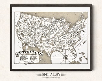 May include: A vintage map of the United States with a stylized illustration of each state. The map is in black and white with a beige background. The text "UNITED STATES" is at the bottom of the map with a list of cities: New York, Chicago, Philadelphia, Detroit, Los Angeles, Washington D.C., Cleveland, St. Louis, New Orleans, San Francisco.