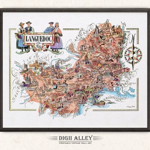 Lustige Karte von Languedoc, einer französischen Provinz, Frankreich - digitaler Download DRUCKBARE Vintage bildliche Illustration Abenteuer Wand Kunst Dekor