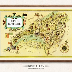 Carte amusante de la Suisse romande en Suisse - Décoration murale vintage imprimable, imprimable, illustration fantaisiste en téléchargement numérique